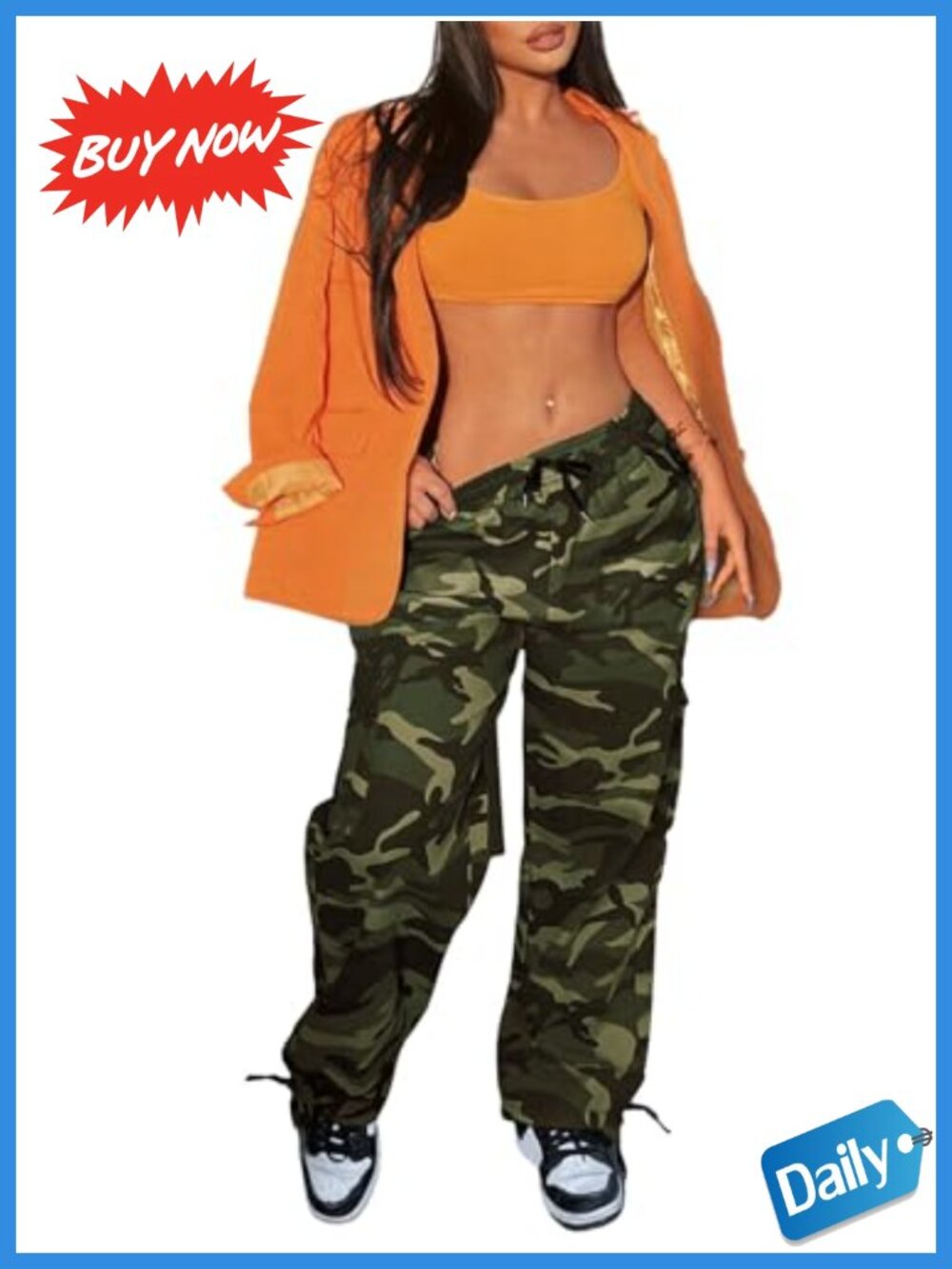 Viscose Camo Cargo Pants High Rise Wide Leg Drawstring Waist 6 Pockets